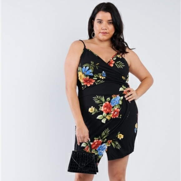 Plus Size Black Floral Wrap Skort Romper - Picture 2 of 7